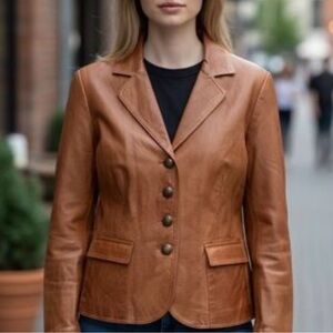 Women’s Tan Leather Button-Front Jacket by Liz Claiborne